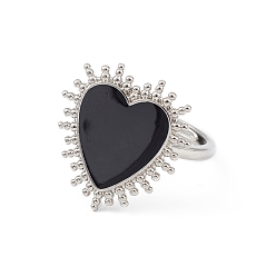 Noir Chevalière coeur émail réglable, bijoux en laiton platine pour femme, sans plomb et sans cadmium, noir, diamètre intérieur: 17 mm