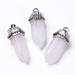 Cristal de Quartz Cristal de quartz naturel gros pendentifs, avec accessoires en alliage plaqués argent antique, cône, 53x21x21mm, Trou: 5mm
