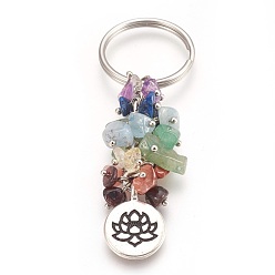 Pierre Mélangete Porte-clés en pierre naturelle, avec les accessoires en laiton, plat rond de lotus, 75 mm, pendentif: 20x15x2 mm