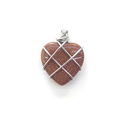 Goldstone Synthetic Goldstone Copper Wire Wrapped Pendants, Heart Charms, Silver Color, 20mm