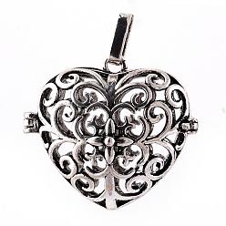 Античное Серебро Подвески из латуни, для ожерелья, полые сердца, античное серебро, 30x34x18 мм, отверстия: 3.5x7 мм, Внутренняя мера: 22x25 мм