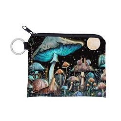 Black Polyester Zip Pouches, Change Purse, Rectangle with Mushroom Pattern, Black, 9.3x11.3cm