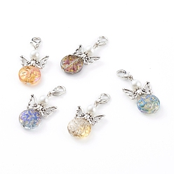 Color mezclado Colgantes de cristal, con cuentas de perlas de vidrio y cierres de aleación de langosta garra, ángel, color mezclado, 40 mm