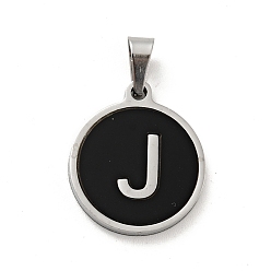 Letter J 304 colgantes de acero inoxidable, con acrílico, plano y redondo con la letra, color acero inoxidable, letter.j, 18x16x1.5 mm, agujero: 3x6 mm