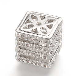 Real Platinum Plated Brass Micro Pave Cubic Zirconia Beads, Real Platinum Plated, Cube, 10.5x10.5x10.5mm, Hole: 1mm