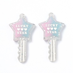 Pink Two Tone Resin Big Pendants, Glitter Powder, Star Key with Word LUCKY & STAR & Heart Pattern, Pink, 58x31x6mm, Hole: 2.3mm