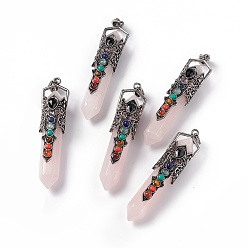 Rose Quartz Natural Rose Quartz Big Pendants, 7 Chakra Faceted Bullet Charms, with Rack Plating Antique Silver Tone Alloy Crown Findings, Cadmium Free & Lead Free, 84x20x19.5mm, Hole: 8x5mm