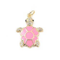 Pink Rack Plating Brass Micro Pave Cubic Zirconia Pendants, with Enamel & Jump Ring, Cadmium Free & Lead Free, Long-Lasting Plated, Real 18K Gold Plated, Sea Turtle Charm, Pink, 22.5x17x3mm, Hole: 3.2mm