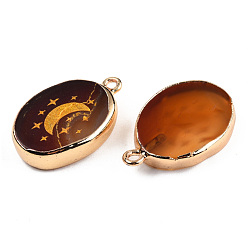 Saddle Brown Natural Agate Pendants, with Light Gold Plated Brass Edge & Iorn Loops, Gold Powder, Dyed & Heated, Oval with Moon Charm, Saddle Brown, 23~24x15~16.5x4~6.5mm, Hole: 1.6mm