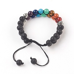 Lava Rock Chakra Natural Lava Rock Braided Bead Bracelets, with Natural & Synthetic Mixed Stone and Alloy Findings, Antique Silver, 2-3/8 inch(6cm)