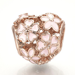 Misty Rose Alloy Enamel European Beads, Large Hole Beads, Hollow Heart, Rose Gold, Misty Rose, 11x11.5x10mm, Hole: 5mm