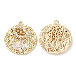 Real 18K Gold Plated Brass Micro Pave Cubic Zirconia Pendants, with Glass Finding, Nickel Free, Flat Round, Real 18K Gold Plated, 21.5x20x3.5mm, Hole: 1.4mm