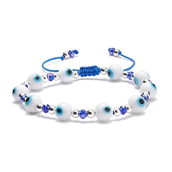 White Lampwork Evil Eye & Glass Braided Bead Bracelet, Adjustable Bracelet for Women, White, Inner Diameter: 2-1/8~3-1/8  inch(5.5~8cm)