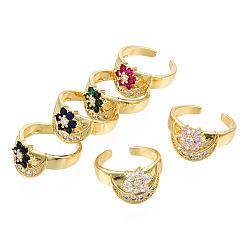 Mixed Color Cubic Zirconia Moon with Flower Open Cuff Ring, Real 18K Gold Plated Brass Jewelry for Women, Nickel Free, Mixed Color, US Size 8(18.1mm)