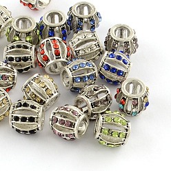 Mixed Color Hollow Rondelle Antique Silver Plated Alloy Rhinestone European Beads, Large Hole Beads, Mixed Color, 10~11x9.5mm, Hole: 5mm