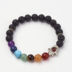 Lava Rock Natural & Synthetic Gemstone Beaded Stretch Bracelets, with Alloy Findings, Hamsa Hand/Hand of Fatima/Hand of Miriam, 1-7/8 inch(49mm)