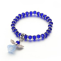 Blue Angel Glass Beaded Acrylic Charm Bracelets, with Tibetan Style Alloy Beads, Lovely Wedding Dress Angel Dangle, Antique Silver, Blue, 48mm