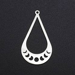 Stainless Steel Color 201 Stainless Steel Pendants, Laser Cut, Teardrop with Phase of the Moon, Stainless Steel Color, 39x21.5x1mm, Hole: 1.5mm