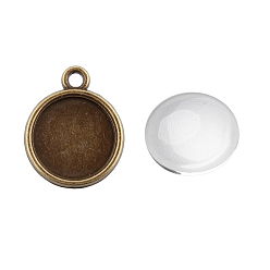 Antique Bronze Pendant Making Sets, with Alloy Pendant Cabochon Settings and Glass Cabochons, Flat Round, Nickel Free, Antique Bronze, Tray: 12mm, 18x15x3mm, Hole: 1.5mm, 11.5~12x4mm