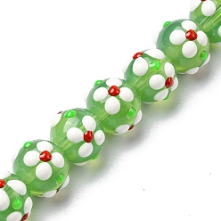 Lime Green Handmade Lampwork Beads Strands, with Enamel, Round with Flower, Lime Green, 11x9.5mm, Hole: 1.4mm, about 36pcs/strand, 13.58''(34.5cm)