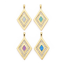 Mixed Color Brass Cubic Zirconia Pendants, with Natural Opal, Real 18K Gold Plated, Rhombus, Nickel Free, Mixed Color, 23x12.5x3.5mm, Hole: 1.5mm