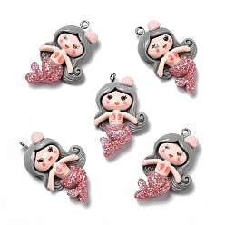 Silver Opaque Resin Pendants, with Glitter Powder and Platinum Tone Iron Loops, Mermaid, Silver, 35x21.5x6mm, Hole: 2mm