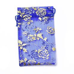 Blue Organza Drawstring Jewelry Pouches, Wedding Party Gift Bags, Rectangle with Gold Stamping Rose Pattern, Blue, 15x10x0.11cm