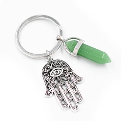 Green Aventurine Natural Green Aventurine Pendant Keychains, with Alloy Pendants and Iron Rings, Bullet Shape with Hamsa Hand, 7.2cm