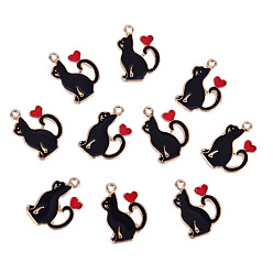 Negro Colgantes de esmalte de aleación del día de san valentín, la luz de oro, encanto de gato con corazón, negro, 21x15 mm