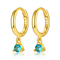 Cyan Real 18K Gold Plated 925 Sterling Silver Hoop Earrings, with Cubic Zirconia Diamond Charms, with S925 Stamp, Cyan, 17mm