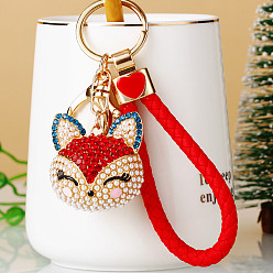 Red Full Rhinestone Pearl Fox Head Pendant Keychain, with Zinc Alloy Findings and Polyester Cord, for Women's Bag Pendant Decorations, Red, 100mm