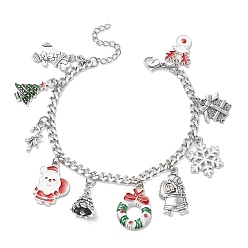 Colorful Christmas Tree & Deer & Wreath & Santa Claus Alloy Enamel Charm Bracelet, 304 Stainless Steel Jewelry for Women, Colorful, 7-1/8 inch(18.2cm)