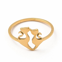 Oro 304 anillo de dedo de gato doble de acero inoxidable para mujer, dorado, diámetro interior: 17.8 mm