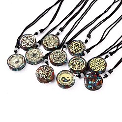 Mixed Stone Orgonite Chakra Necklaces, Pendant Necklaces, with Natural Gemstone Chip, Nylon Thread, Brass Findings, Flat Round, 25.9 inch(66cm)x0.2cm