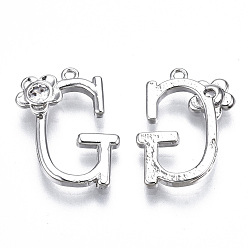 Letter G Brass Pendants, with Rhinestones, Alphabet, Platinum, Letter.G, 18x12x2.5mm, Hole: 1mm