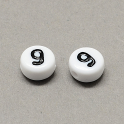 Number Acrílico blanco y negro, plano y redondo con num. 9, 7x4 mm, Agujero: 1.3 mm, sobre 3600 unidades / 500 g