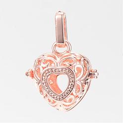 Rose Gold Rack Plating Brass Cage Pendants, For Chime Ball Pendant Necklaces Making, Hollow, Heart, Rose Gold, 20.5x21x15mm, Hole: 3.5x8.5mm, inner measure: 13.5x14.5mm