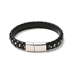 Stainless Steel Color Black Leather & 304 Stainless Steel Rope Braided Cord Bracelet Magnetic Clasp for Men Women, Stainless Steel Color, 8-5/8 inch(21.8cm)