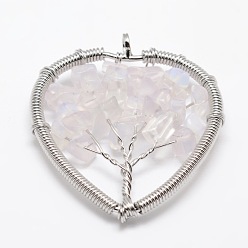 Opalite Tree of Life Opal Bead Brass Wire Wrapped Heart Big Pendants, Cadmium Free & Nickel Free & Lead Free, Platinum, 45~50x48~52x6~9mm, Hole: 4~6mm