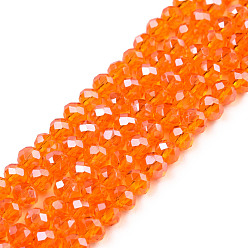 Coral Electroplate Glass Beads Strands, Pearl Luster Plated, Faceted, Rondelle, Coral, 4x3mm, Hole: 0.4mm, about 123~127pcs/strand, 16.5~16.9 inch(42~43cm)