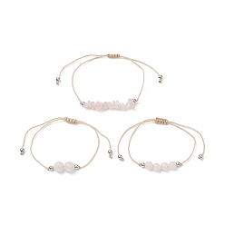 Quartz Rose 3 pcs 3 ensemble de bracelets de perles tressées en quartz rose naturel de style, bracelets réglables en fil de nylon pour femmes, diamètre intérieur: 3-3/8 pouce (8.5 cm), 1 pc / style