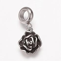 Antique Silver 304 Stainless Steel European Dangle Charms, Large Hole Pendants, Rose Flower, Antique Silver, 24mm, Hole: 5mm, Pendant: 14x12x4mm