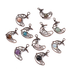 Mixed Stone Natural & Synthetic Mixed Gemstone Pendants, with Rack Plating Red Copper Tone Brass Findings, Cadmium Free & Lead Free, Moon, 31.5~33x22x8.5mm, Hole: 2.5~3mm