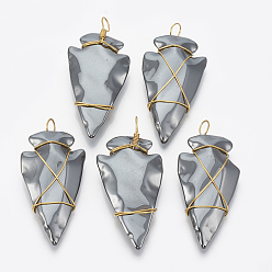 Non-magnetic Hematite Non-magnetic Synthetic Hematite Pendants, with Golden Tone Brass Findings, Arrows, 46x24~25x9mm, Hole: 5~6x4~5mm