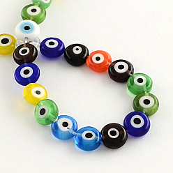 Mixed Color Flat Round Handmade Evil Eye Lampwork Beads, Mixed Color, 10x4mm, Hole: 1mm, about 38pcs/strand, 14.5 inch