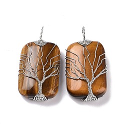 Tiger Eye Natural Tiger Eye Copper Wire Wrapped Pendants, Rectangle with Tree of Life Charms, Platinum, 46~49x25~27x10~12mm, Hole: 8x9mm