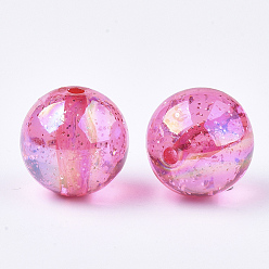 Hot Pink Transparent Acrylic Beads, with Glitter Powder, Glitter Beads, Round, Hot Pink, 19~19.5x19mm, Hole: 2.5mm, about 110pcs/500g
