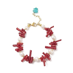 Roja Pulsera de cuentas de coral sintético y perlas naturales con dijes de turquesa sintética (teñida), joyas de piedras preciosas para mujeres, rojo, 7-3/8 pulgada (18.6 cm)