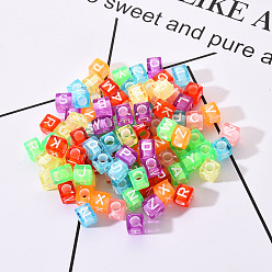 Mixed Color Mixed Color Transparent Acrylic Beads, Cube with White Letter, 5.5~6x5.5~6x5.5~6mm, Hole: 3mm, about 100pcs/bag