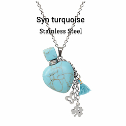 Synthetic Turquoise Synthetic Turquoise Teardrop Perfume Bottle Pendant Necklace with Staninless Steel Butterfly Flower and Random Color Tassel Charms, Essential Oil Vial Jewelry for Women, 18.11 inch(46cm)